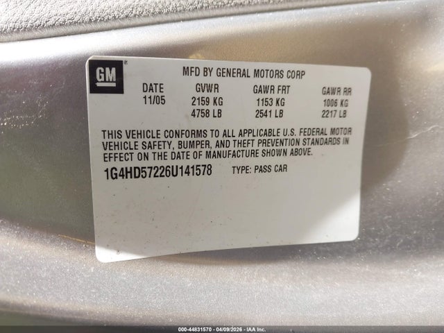 44831570 :رقم المزاد ، 1G4HD57226U141578 vin ، 2006 Buick Lucerne Cxl مزاد بيع