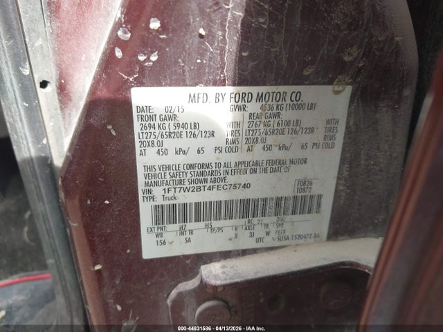 2015 Ford F-250 Lariat მანქანა იყიდება აუქციონზე, vin: 1FT7W2BT4FEC75740, აუქციონის ნომერი: 44831586