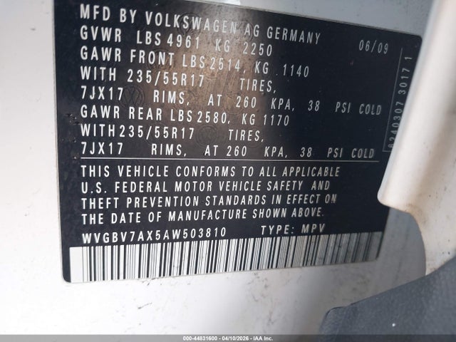 2010 Volkswagen Tiguan Se მანქანა იყიდება აუქციონზე, vin: WVGBV7AX5AW503810, აუქციონის ნომერი: 44831600