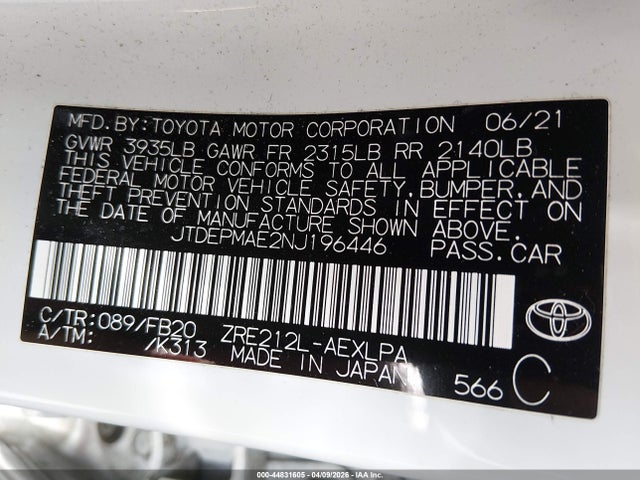 44831605 :رقم المزاد ، JTDEPMAE2NJ196446 vin ، 2022 Toyota Corolla Le مزاد بيع