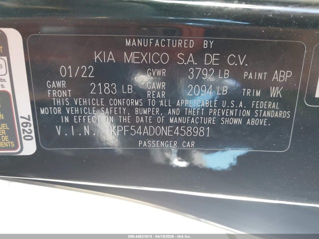 2022 Kia Forte Gt-line მანქანა იყიდება აუქციონზე, vin: 3KPF54AD0NE458981, აუქციონის ნომერი: 44831615