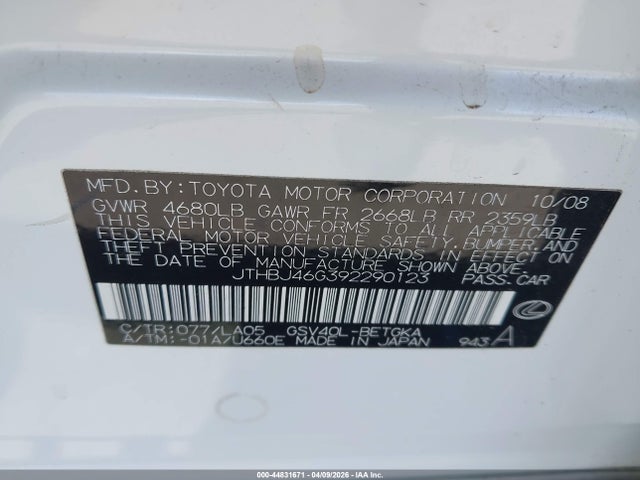 44831671 :رقم المزاد ، JTHBJ46G392290123 vin ، 2009 Lexus Es 350 مزاد بيع