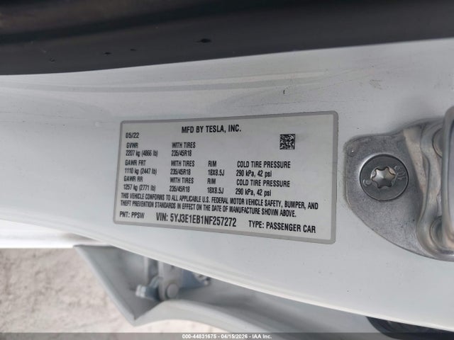 5YJ3E1EB1NF257272 Tesla Model 3 Long Range Dual Motor All-wheel Drive