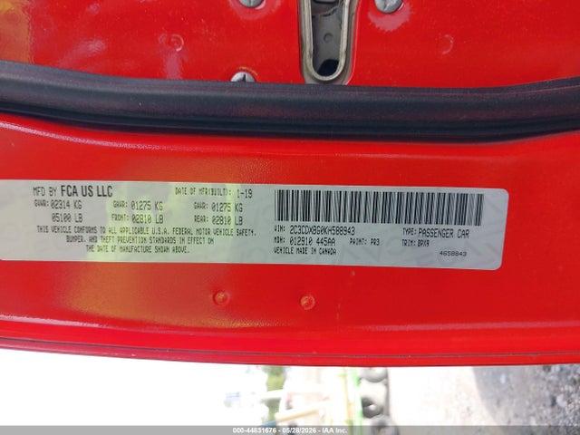 2019 Dodge Charger Sxt Rwd მანქანა იყიდება აუქციონზე, vin: 2C3CDXBG0KH588943, აუქციონის ნომერი: 44831676