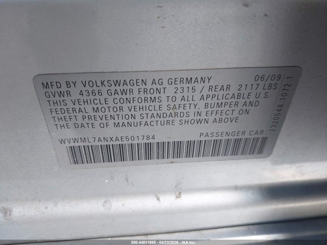 2010 Volkswagen Cc Sport მანქანა იყიდება აუქციონზე, vin: WVWML7ANXAE501784, აუქციონის ნომერი: 44831685