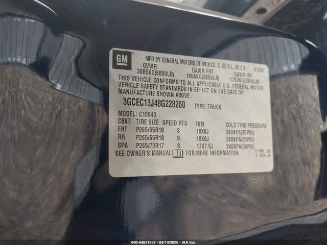 Aukcja sprzedaży 2008 Chevrolet Silverado 1500 Lt1, vin: 3GCEC13J48G228260, numer aukcji: 44831687