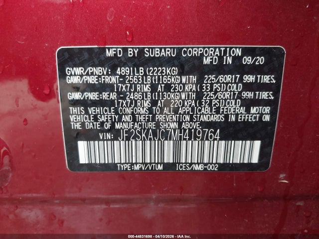 Auction sale of the 2021 Subaru Forester Premium, vin: JF2SKAJC7MH419764, lot number: 44831698