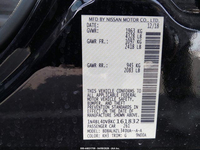 Aukcja sprzedaży 2019 Nissan Altima 2.5 Sv, vin: 1N4BL4DV8KC161832, numer aukcji: 44831709