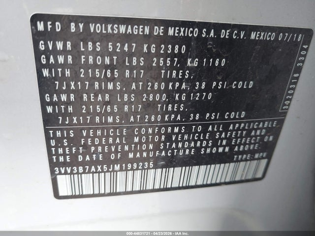 2018 Volkswagen Tiguan 2.0t Se/2.0t Sel მანქანა იყიდება აუქციონზე, vin: 3VV3B7AX5JM199235, აუქციონის ნომერი: 44831721