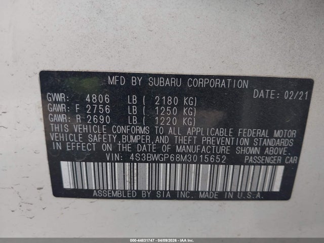 44831747 :رقم المزاد ، 4S3BWGP68M3015652 vin ، 2021 Subaru Legacy Touring Xt مزاد بيع