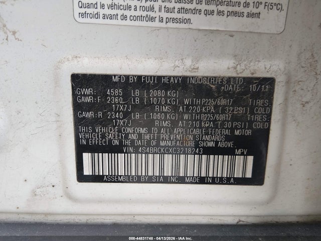 Продаж на аукціоні авто 2012 Subaru Outback 2.5i Limited, vin: 4S4BRCKCXC3218243, номер лоту: 44831748