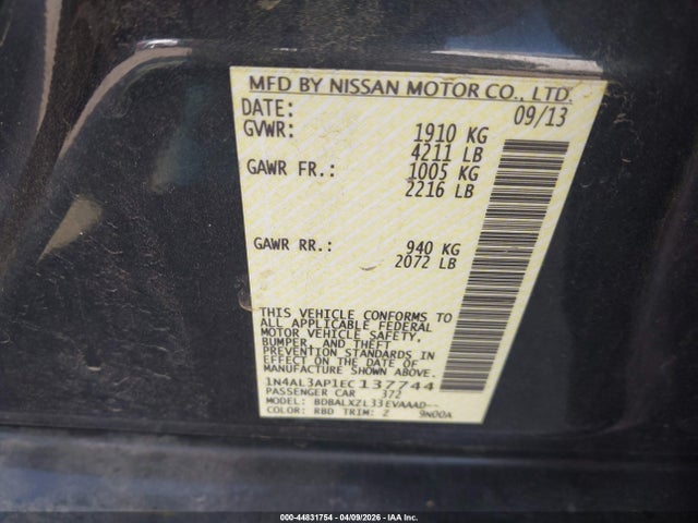 2014 Nissan Altima 2.5 Sl მანქანა იყიდება აუქციონზე, vin: 1N4AL3AP1EC137744, აუქციონის ნომერი: 44831754