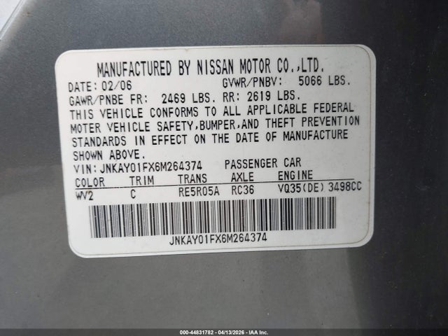 Продаж на аукціоні авто 2006 Infiniti M35x, vin: JNKAY01FX6M264374, номер лоту: 44831782