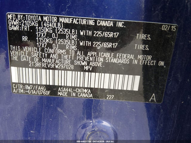 2T3RFREV9FW297028 Toyota Rav4 Xle