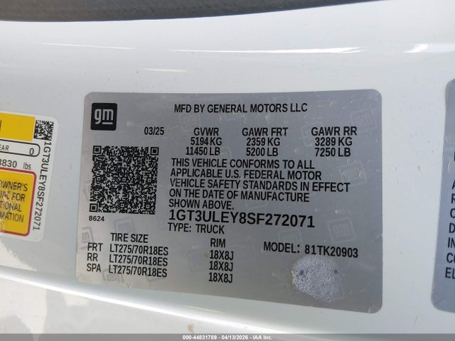 Aukcja sprzedaży 2025 Gmc Sierra 2500hd 4wd  Long Bed Pro, vin: 1GT3ULEY8SF272071, numer aukcji: 44831789