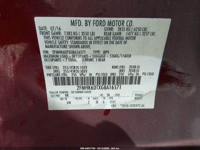 2016 Ford Flex Limited მანქანა იყიდება აუქციონზე, vin: 2FMHK6DTXGBA16571, აუქციონის ნომერი: 44831794