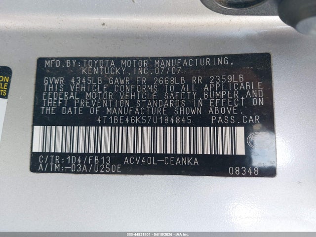 Продаж на аукціоні авто 2007 Toyota Camry Le, vin: 4T1BE46K57U184845, номер лоту: 44831801
