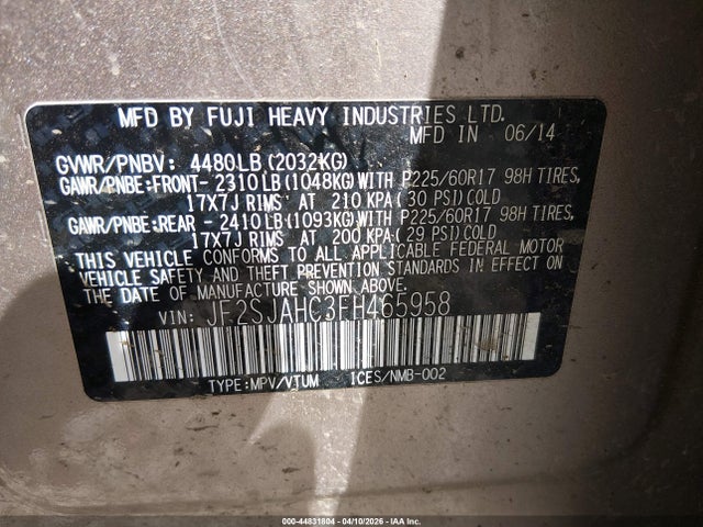 Aukcja sprzedaży 2015 Subaru Forester 2.5i Limited, vin: JF2SJAHC3FH465958, numer aukcji: 44831804