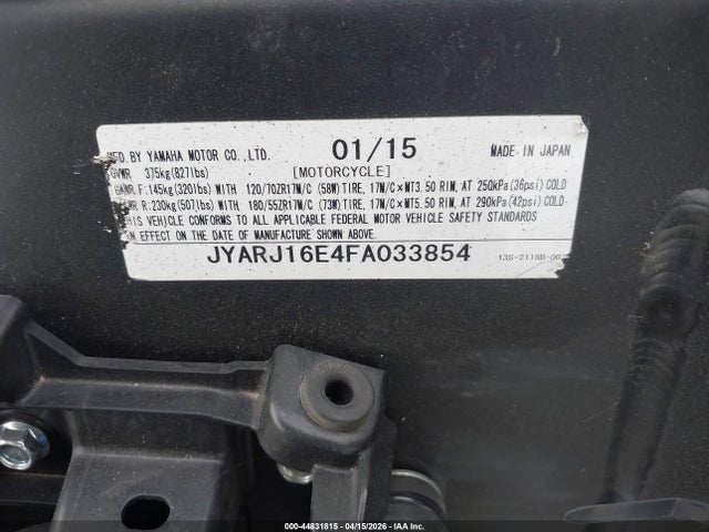 44831815 :رقم المزاد ، JYARJ16E4FA033854 vin ، 2015 Yamaha Yzfr6 مزاد بيع