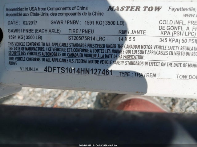 Продажа на аукционе авто 2017 Master Tow Tow Dolly, vin: 4DFTS1014HN127461, номер лота: 44831816