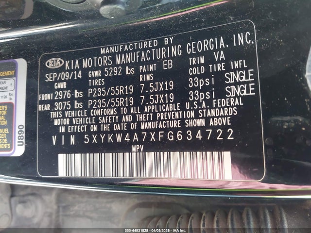 44831828 :رقم المزاد ، 5XYKW4A7XFG634722 vin ، 2015 Kia Sorento Limited V6 مزاد بيع