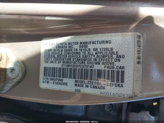 Auction sale of the 2000 Toyota Corolla Ce, vin: 2T1BR12E9YC373147, lot number: 44831836