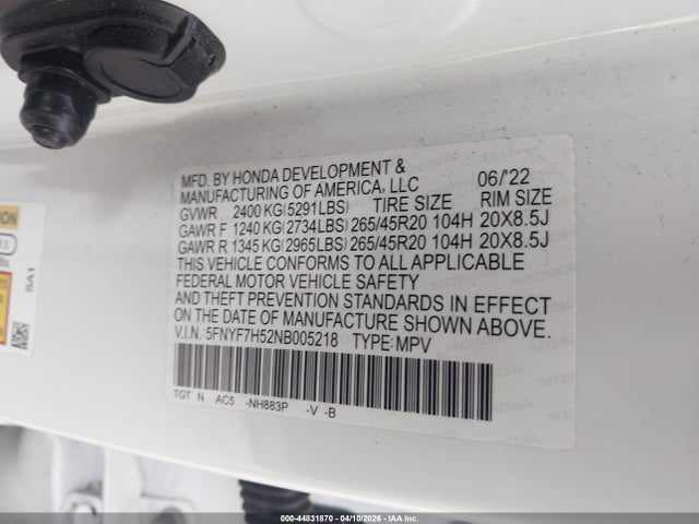 Aukcja sprzedaży 2022 Honda Passport 2wd Ex-l, vin: 5FNYF7H52NB005218, numer aukcji: 44831870