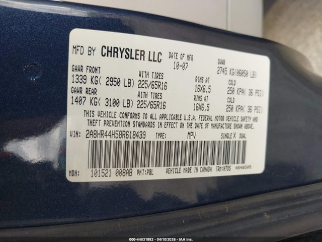 44831882 :رقم المزاد ، 2A8HR44H58R618439 vin ، 2008 Chrysler Town & Country Lx مزاد بيع