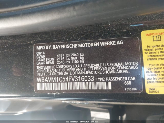 2015 Bmw X1 Sdrive28i მანქანა იყიდება აუქციონზე, vin: WBAVM1C54FV316033, აუქციონის ნომერი: 44831891