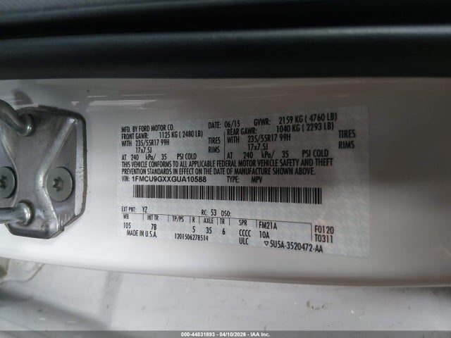44831893 :رقم المزاد ، 1FMCU9GXXGUA10588 vin ، 2016 Ford Escape Se مزاد بيع