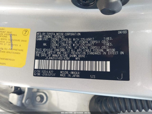 2004 Lexus Rx 330 მანქანა იყიდება აუქციონზე, vin: JTJHA31U140014284, აუქციონის ნომერი: 44831895
