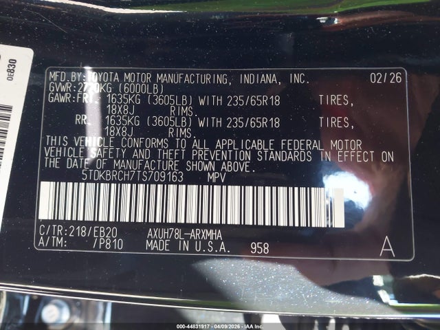 5TDKBRCH7TS709163 Toyota Highlander Hybrid Xle