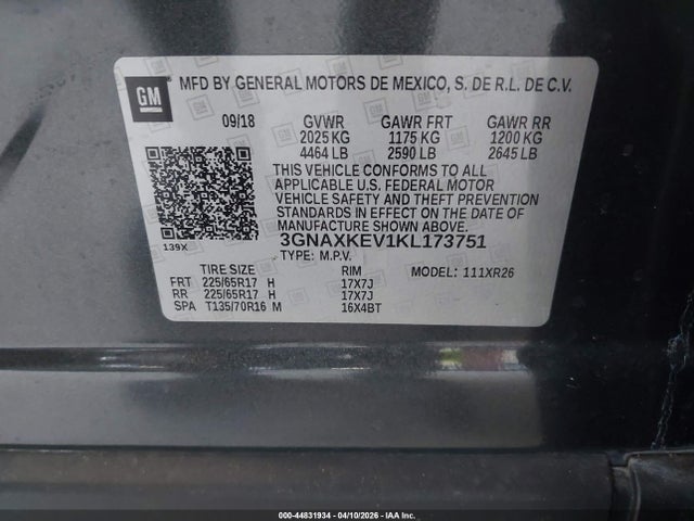 Aukcja sprzedaży 2019 Chevrolet Equinox Lt, vin: 3GNAXKEV1KL173751, numer aukcji: 44831934