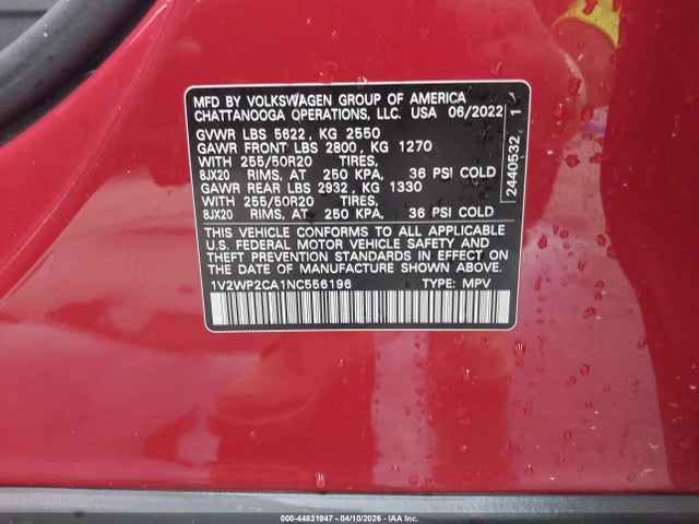 44831947 :رقم المزاد ، 1V2WP2CA1NC556196 vin ، 2022 Volkswagen Atlas 2.0t Se W/technology مزاد بيع