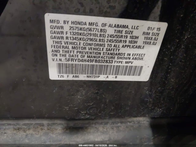 Aukcja sprzedaży 2015 Acura Mdx Technology Package, vin: 5FRYD4H49FB032833, numer aukcji: 44831952