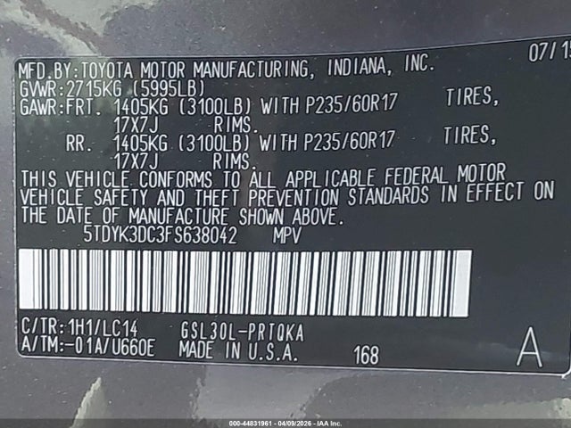 44831961 :رقم المزاد ، 5TDYK3DC3FS638042 vin ، 2015 Toyota Sienna Xle 8 Passenger مزاد بيع