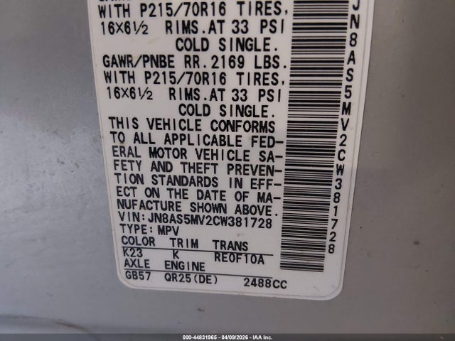 44831965 :رقم المزاد ، JN8AS5MV2CW381728 vin ، 2012 Nissan Rogue S مزاد بيع