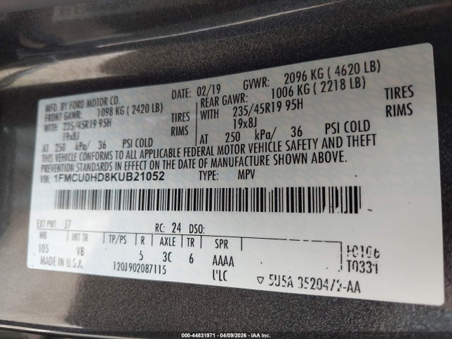 Aukcja sprzedaży 2019 Ford Escape Sel, vin: 1FMCU0HD8KUB21052, numer aukcji: 44831971