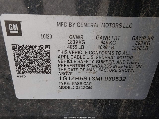 1G1ZB5ST3MF030532 Chevrolet Malibu Fwd Ls