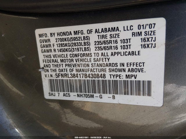 Aukcja sprzedaży 2007 Honda Odyssey Ex, vin: 5FNRL38417B430848, numer aukcji: 44831981