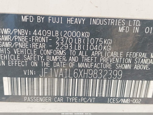 Aukcja sprzedaży 2017 Subaru Wrx Limited, vin: JF1VA1L6XH9832399, numer aukcji: 44831982