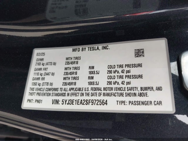 5YJ3E1EA2SF972564 Tesla Model 3 Long Range Rear-wheel Drive/standard Rear-wheel Drive