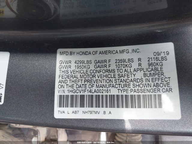 Auction sale of the 2020 Honda Accord Lx, vin: 1HGCV1F14LA002161, lot number: 44831995