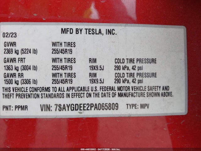 Продажа на аукционе авто 2023 Tesla Model Y Awd/long Range Dual Motor All-wheel Drive, vin: 7SAYGDEE2PA065809, номер лота: 44832002