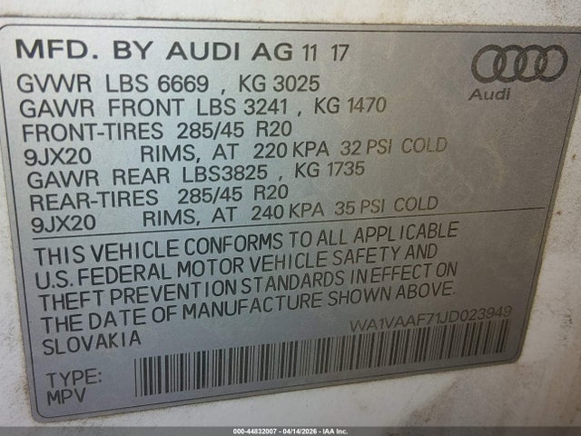Продажа на аукционе авто 2018 Audi Q7 3.0t Premium, vin: WA1VAAF71JD023949, номер лота: 44832007