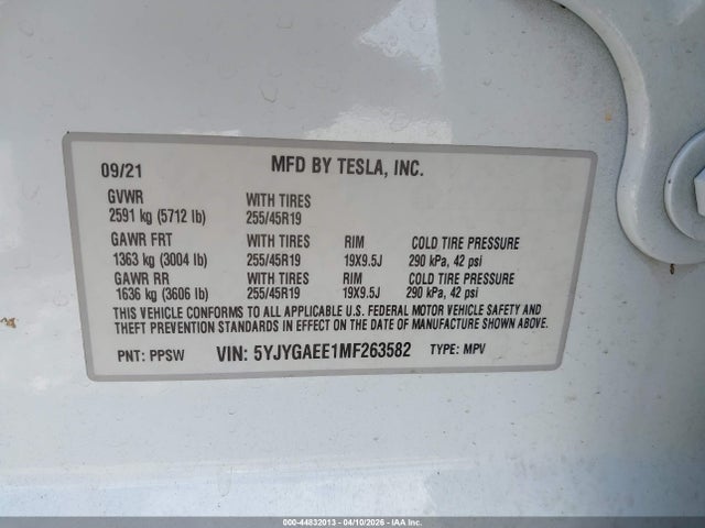 44832013 :رقم المزاد ، 5YJYGAEE1MF263582 vin ، 2021 Tesla Model Y Long Range Dual Motor All-wheel Drive مزاد بيع