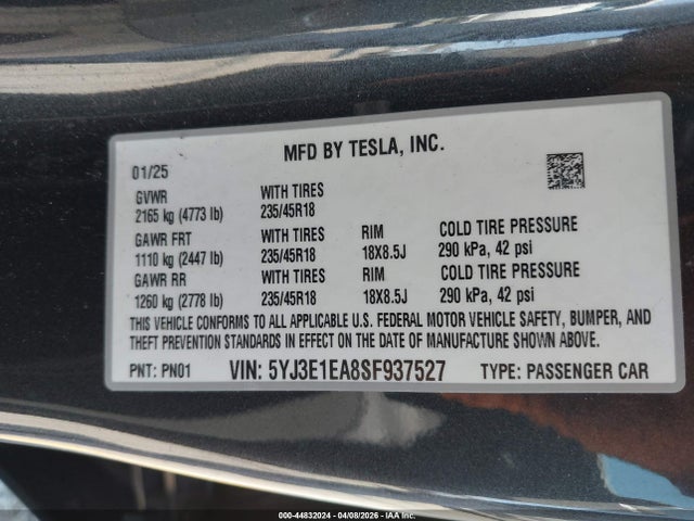 2025 Tesla Model 3 Long Range Rear-wheel Drive/standard Rear-wheel Drive მანქანა იყიდება აუქციონზე, vin: 5YJ3E1EA8SF937527, აუქციონის ნომერი: 44832024