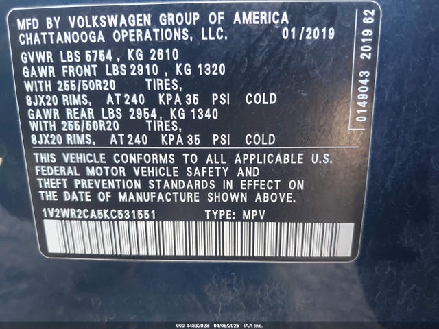 44832028 :رقم المزاد ، 1V2WR2CA5KC531551 vin ، 2019 Volkswagen Atlas 3.6l V6 Se W/technology مزاد بيع