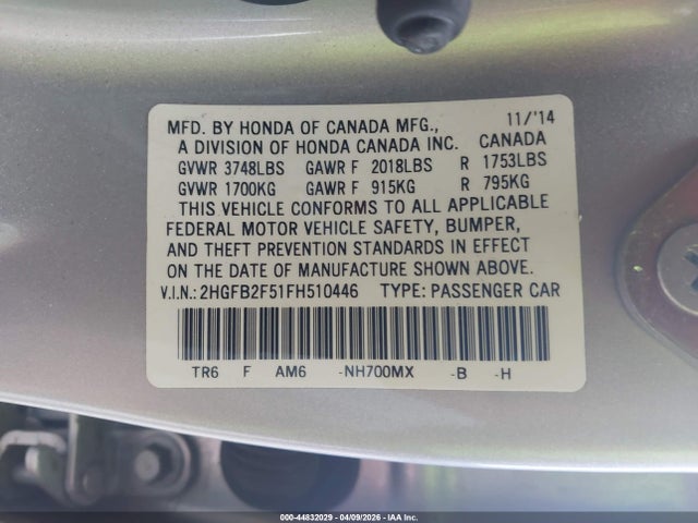 Продаж на аукціоні авто 2015 Honda Civic Lx, vin: 2HGFB2F51FH510446, номер лоту: 44832029
