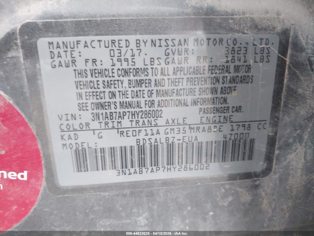 Продажа на аукционе авто 2017 Nissan Sentra S, vin: 3N1AB7AP7HY286002, номер лота: 44832035